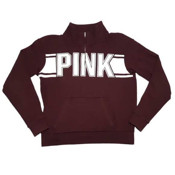 PINK Victoria's Secret Tops - PINK Victorias Secret Sweatshirt Size XS Burgundy Red Spell Out 1/4 Zip Womens